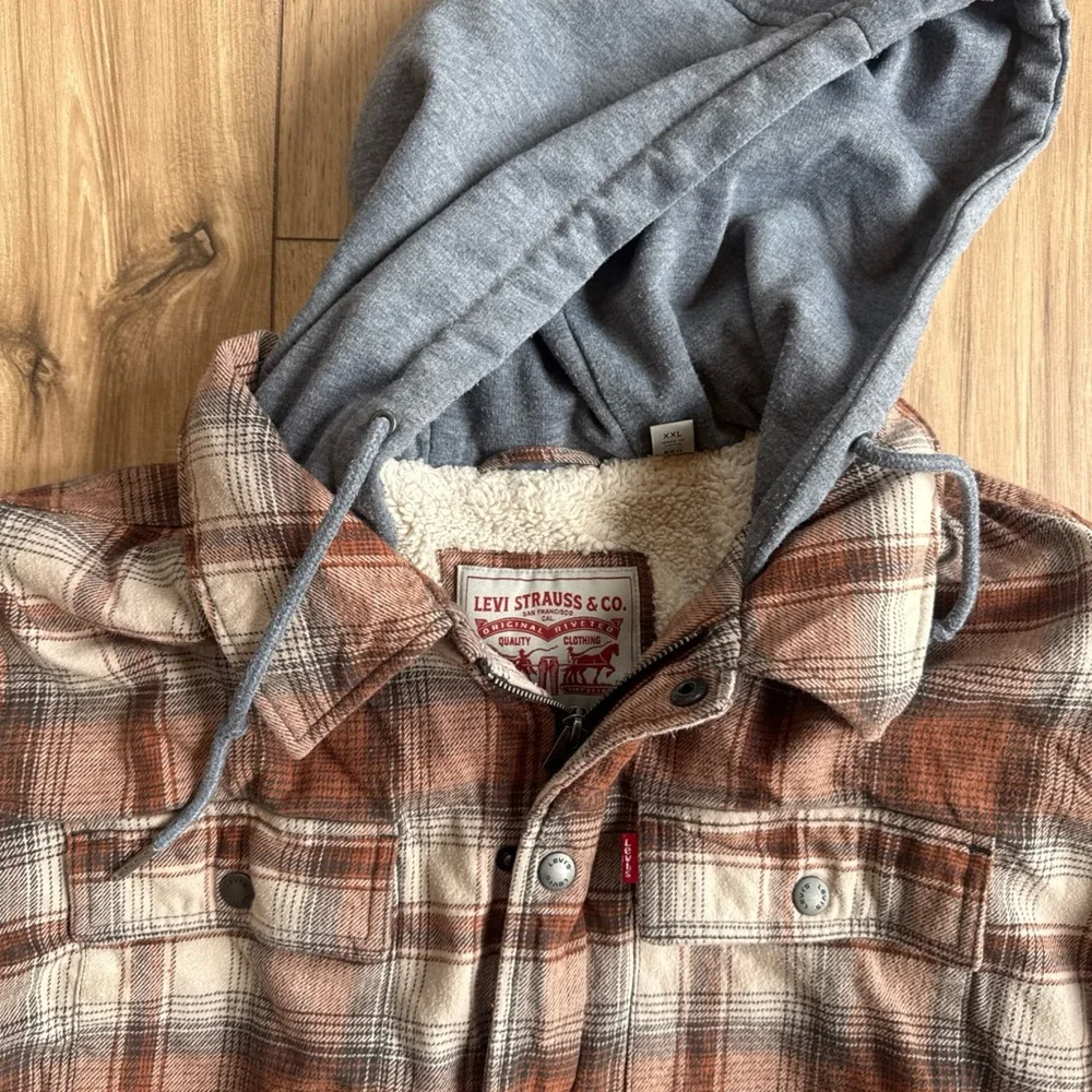 Levi's Men's Size XXL Sherpa Lined Hooded Plaid Brown And Orange Shirt Jacket - Picture 3 of 13